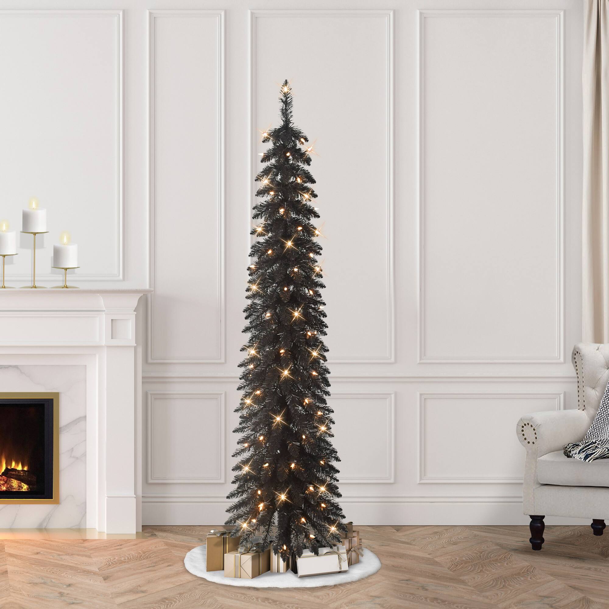 6ft. Pre-Lit Black Alpine Pencil Artificial Christmas Tree, Clear Lights